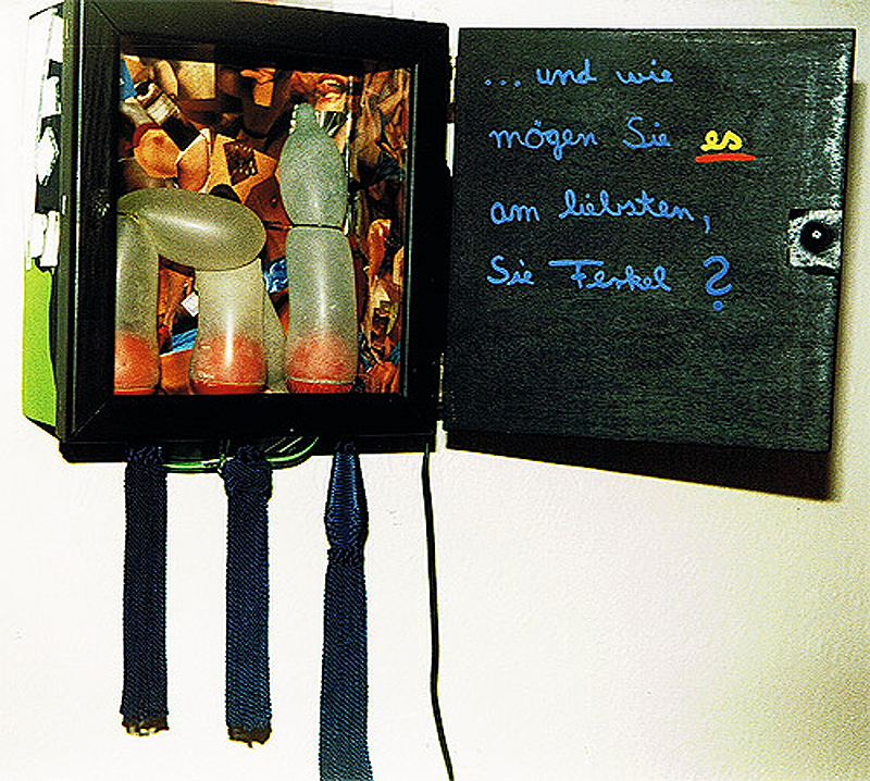 1993-03-Lebenstrilogie-Neu-2b-Kondome-ueber-Holzkugeln-und-pornografische-Ausschnitte-im-Kasten-25,5x30,5x14,5cm